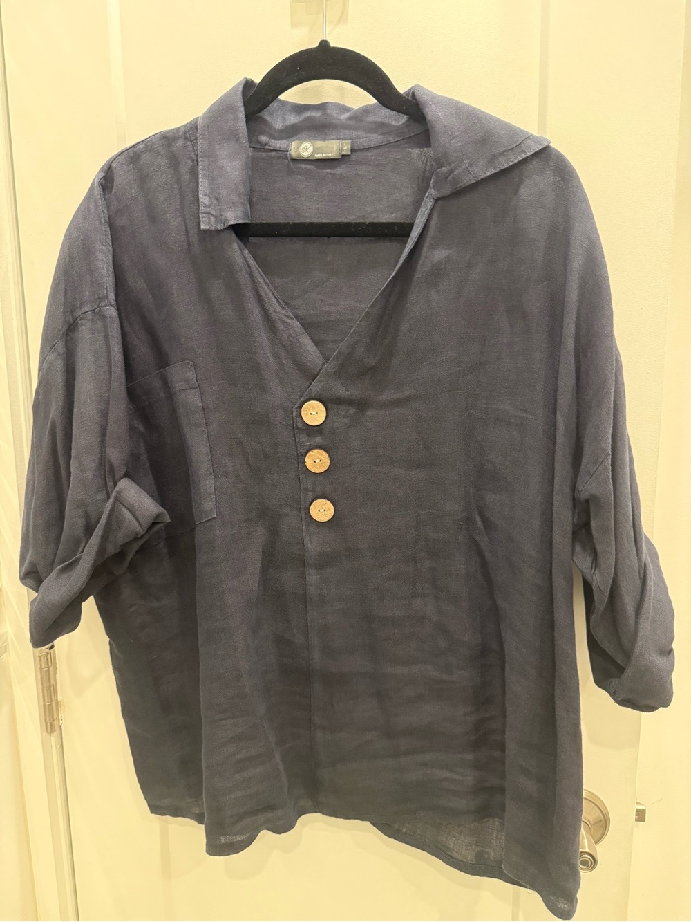 Relaxed Navy Button-Front Linen Shirt with Wooden Buttons
